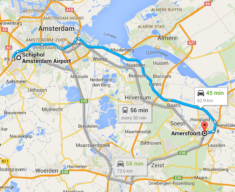 Route from Amsterdam/Schiphol to Amersfoort